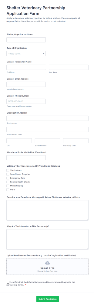 Shelter Veterinary Partnership Application Form Form Template