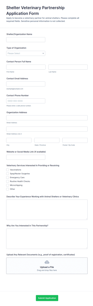 Shelter Veterinary Partnership Application Form Template