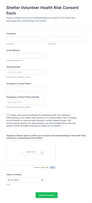 Shelter Volunteer Health Risk Consent Form Template