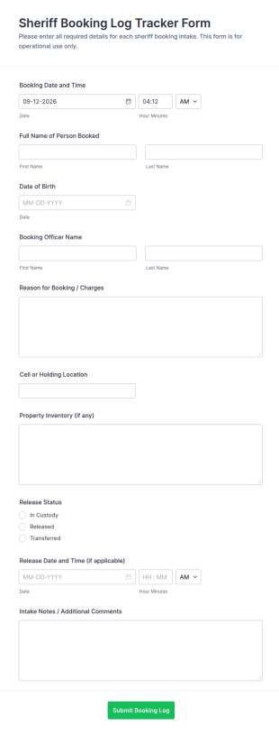 Sheriff Booking Log Tracker Form Template