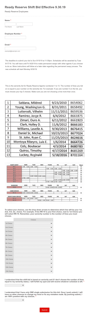 Shift Bid Form Template
