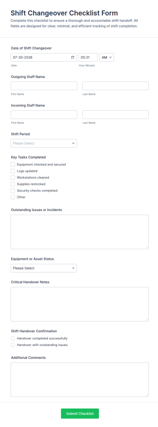 Shift Changeover Checklist Form Template