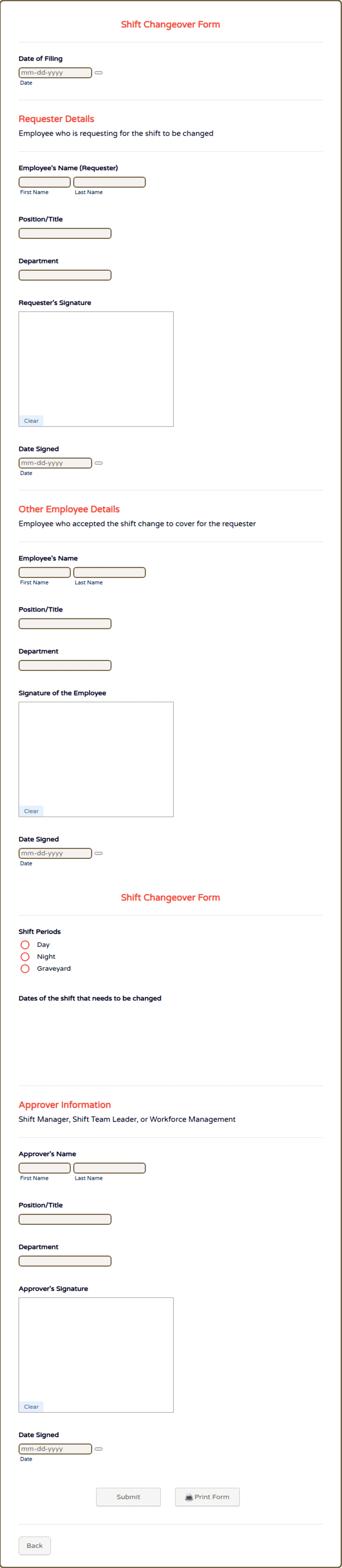 Shift Transfer Document Shift Changeover Form Template | Jotform