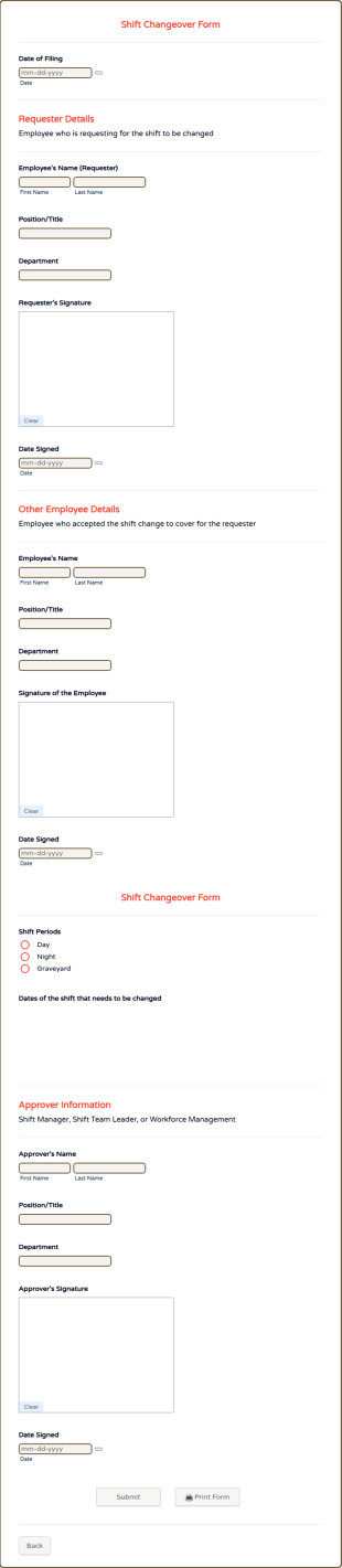 Shift Changeover Form Template