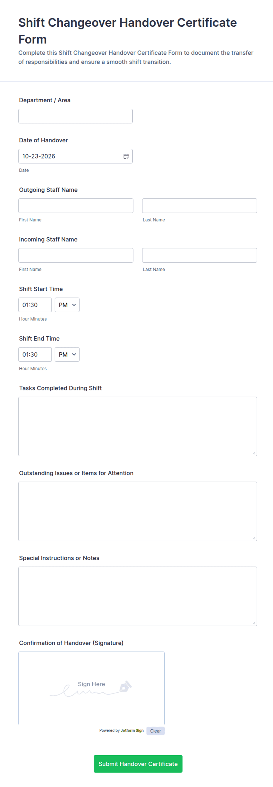 Shift Changeover Handover Certificate Form Template | Jotform