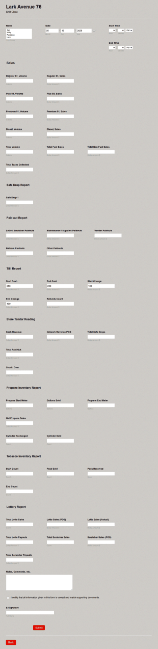 Shift Service Close And Tracking Form Template