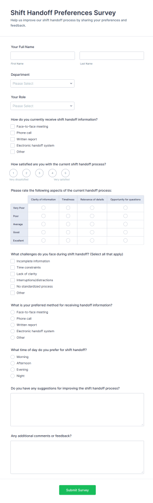Shift Handoff Preferences Survey Form Template