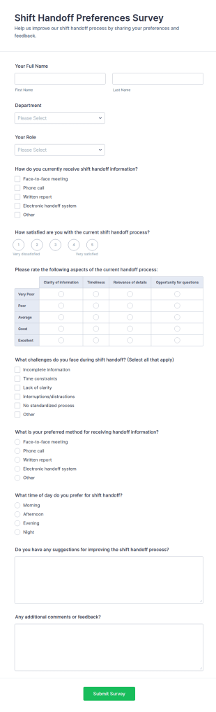 Shift Handoff Preferences Survey Form Template