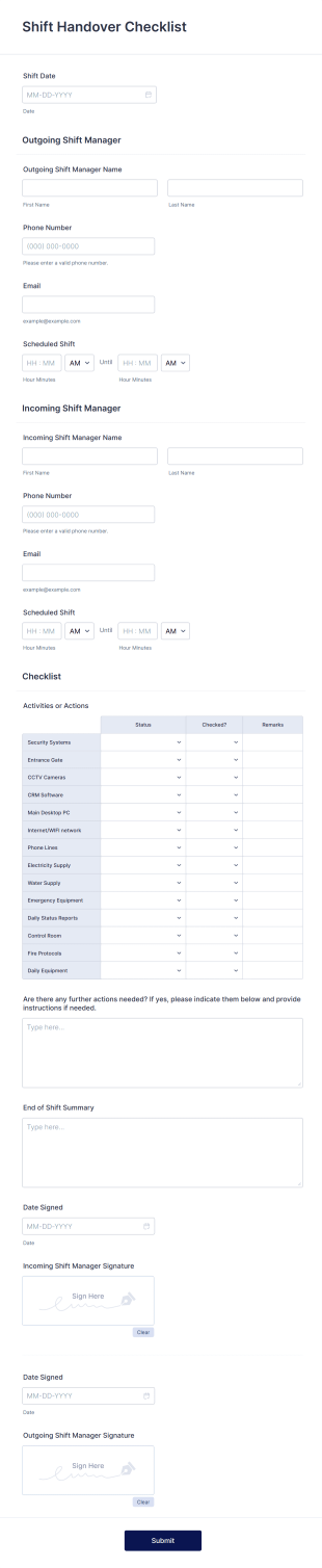 Shift Handover Checklist Form Template