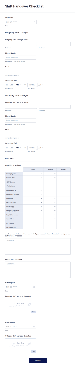 Shift Handover Checklist Form Template