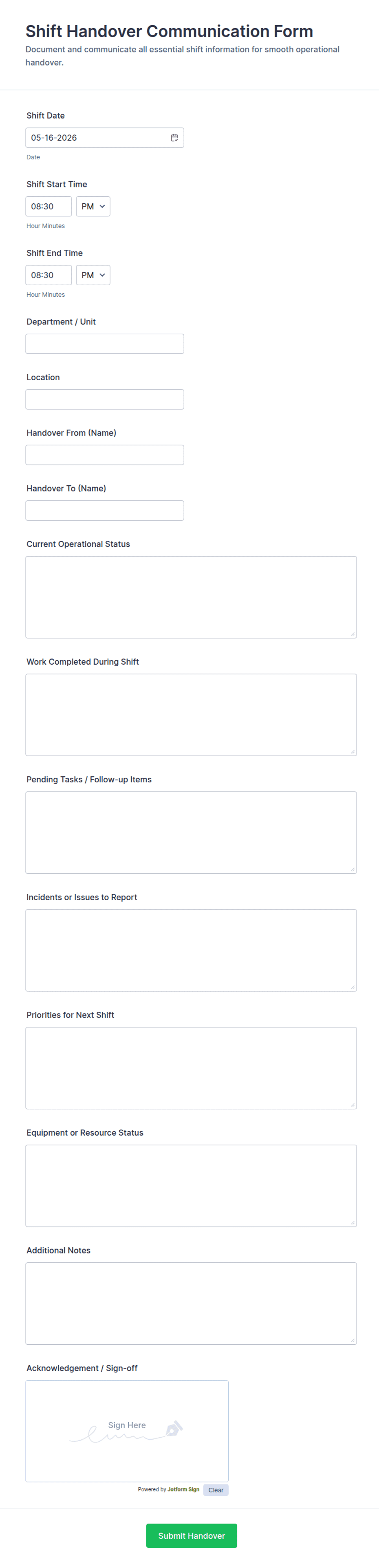 Shift Handover Communication Form Template | Jotform