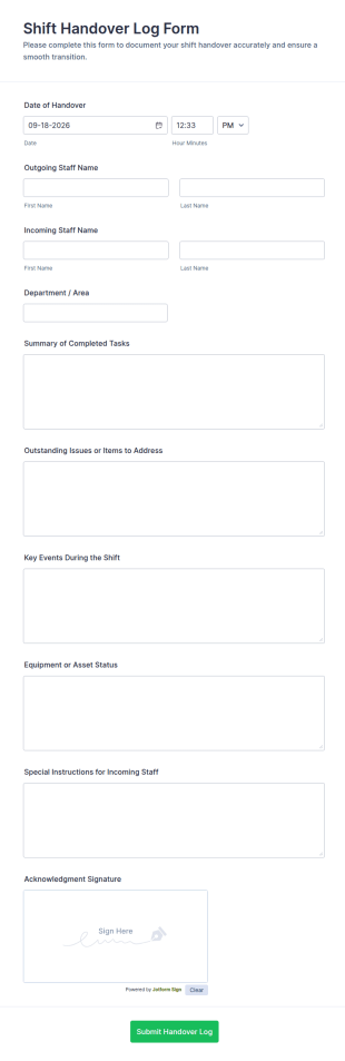 Shift Handover Log Form Template
