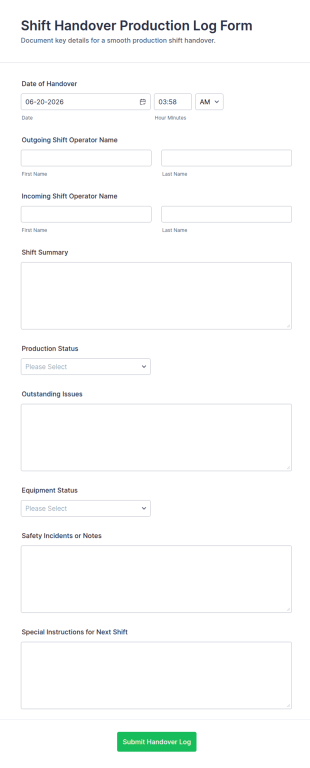 Shift Handover Production Log Form Template