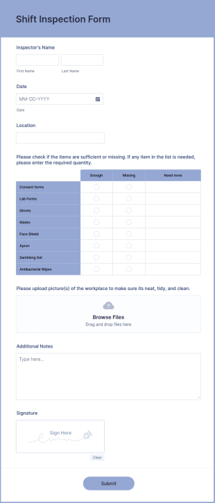 Shift Inspection Form Template