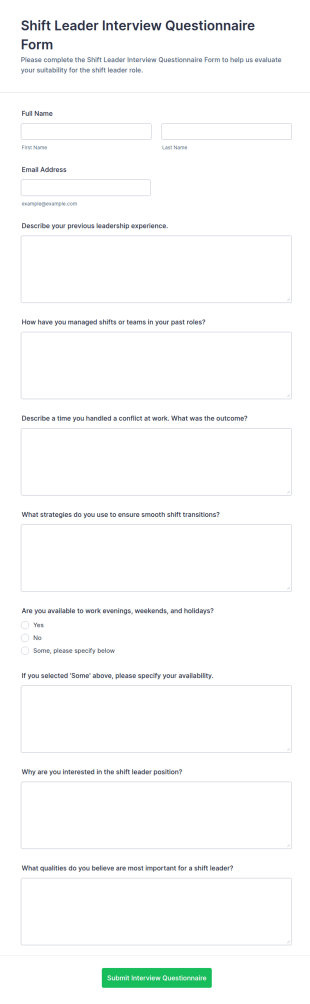 Shift Leader Interview Questionnaire Form Template
