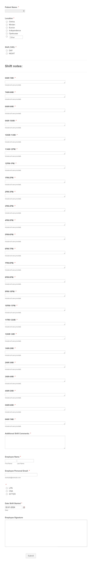 Shift Notes Form Template