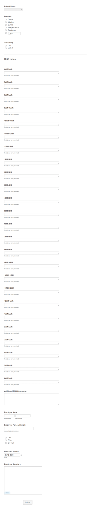 Shift Notes Form Template