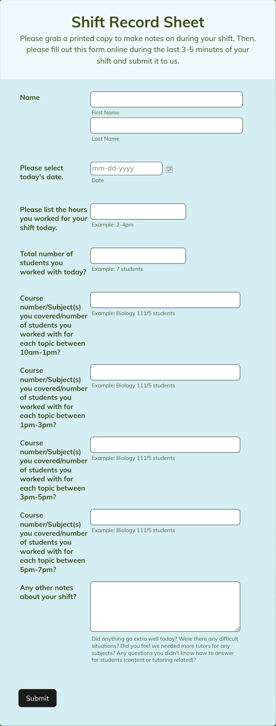 Shift Record Sheet Form Template | Jotform