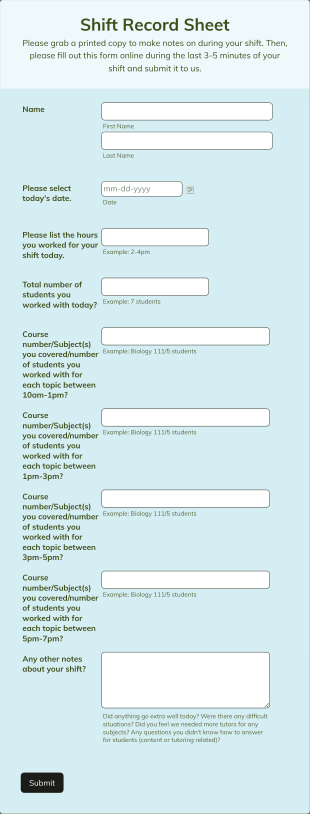 Shift Record Sheet Form Template