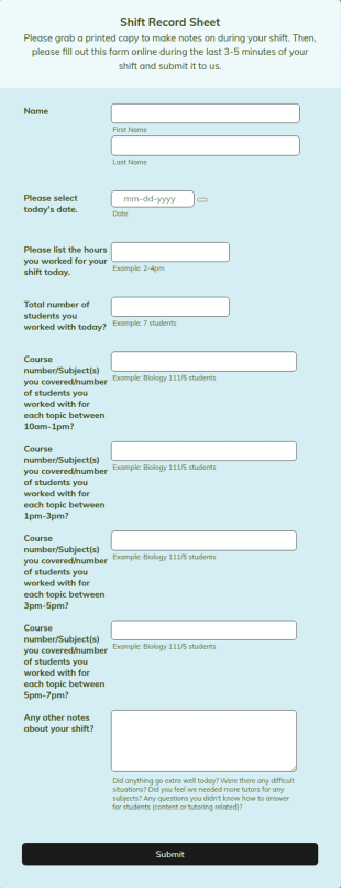 Shift Record Sheet Form Template