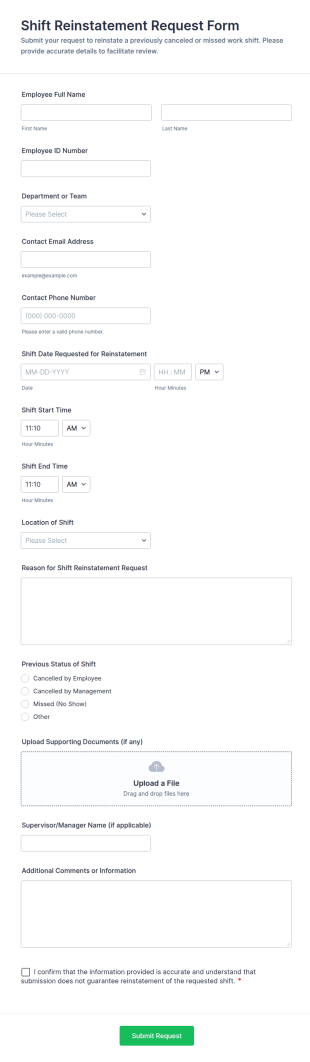 Shift Reinstatement Request Form Template