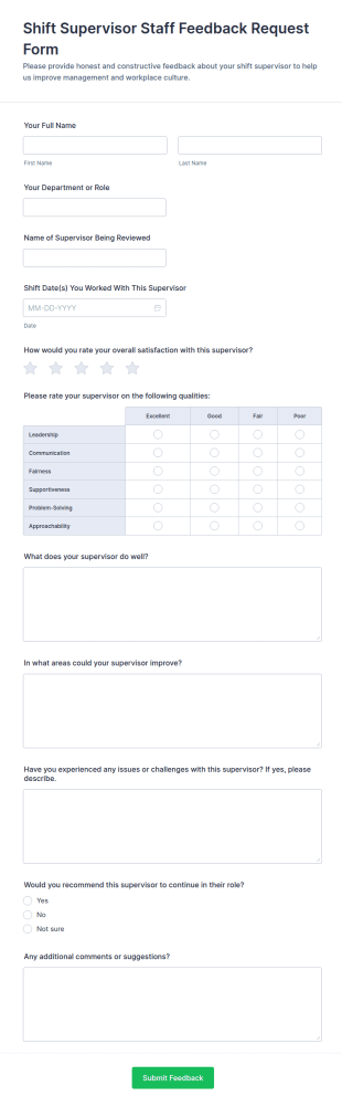 Shift Supervisor Staff Feedback Request Form Template