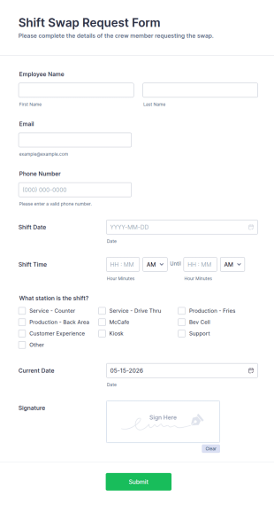 Shift Swap Request Form Template