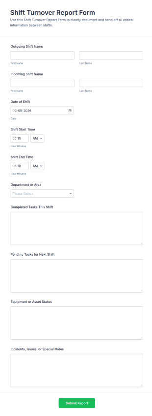 Shift Turnover Report Form Template