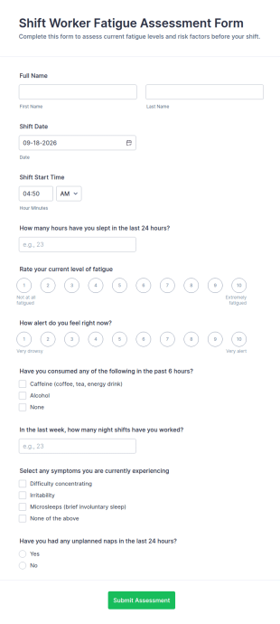 Shift Worker Fatigue Assessment Form Template