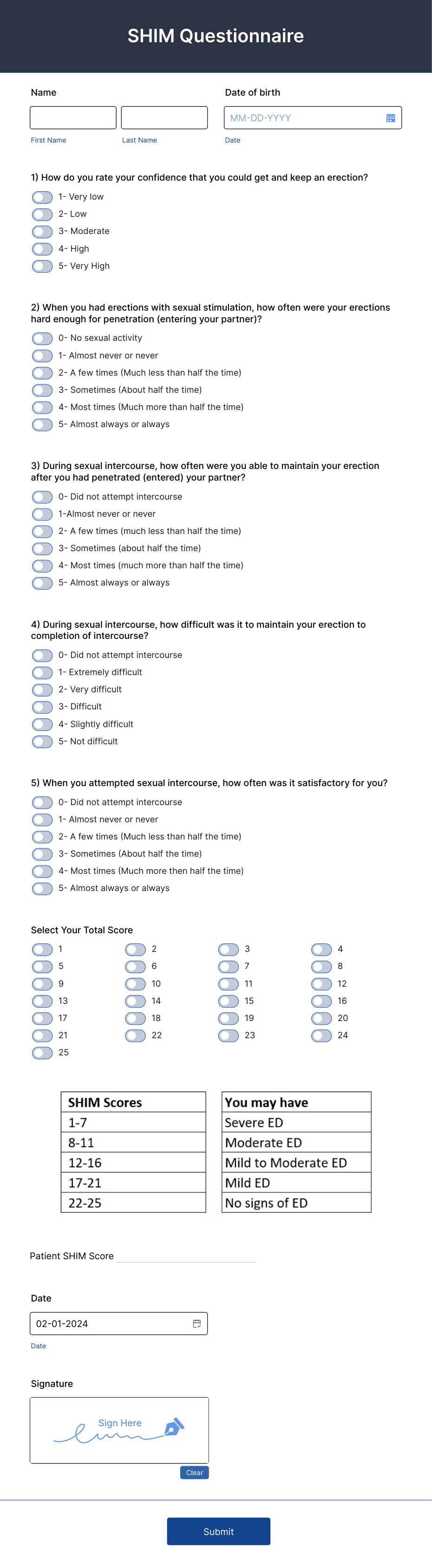Sexual Health Inventory for Men (SHIM) Questionnaire Form Template