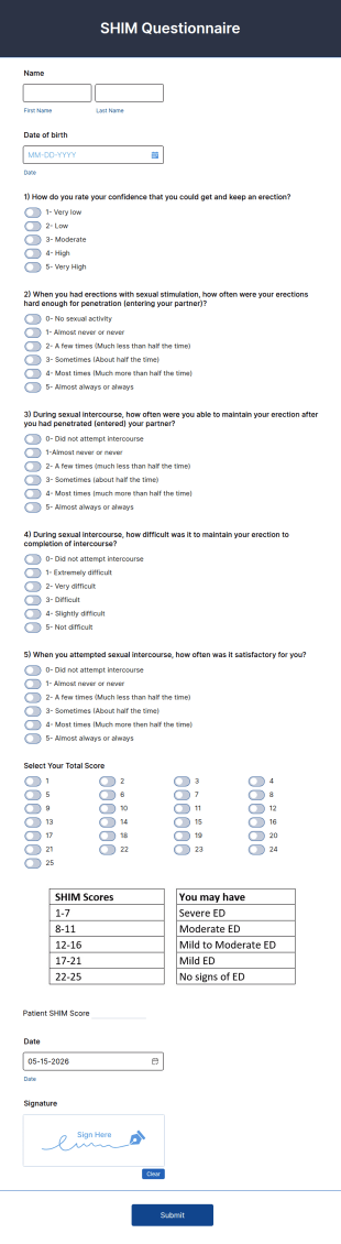 Sexual Health Inventory For Men (SHIM) Questionnaire Form Template