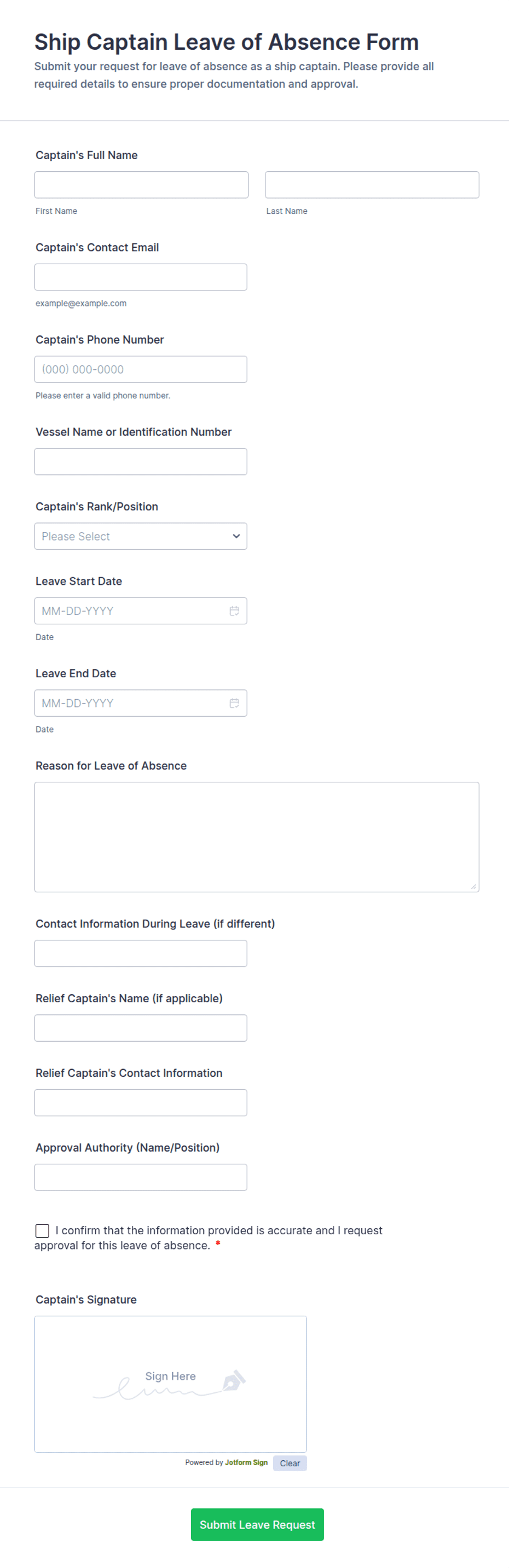Ship Captain Leave of Absence Form Template | Jotform