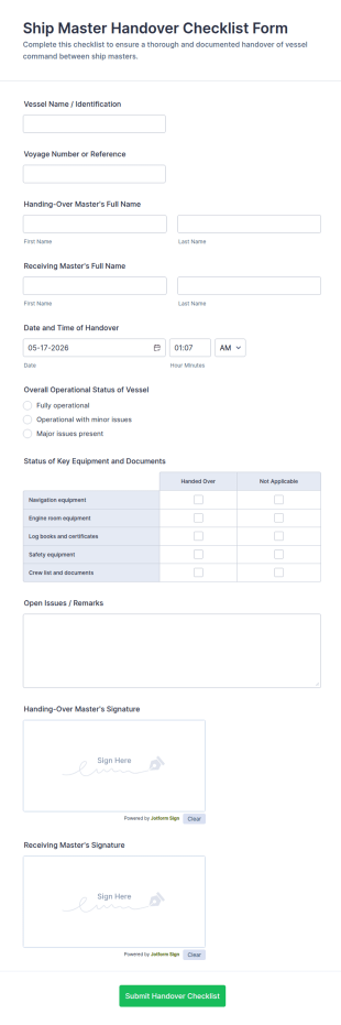 Ship Master Handover Checklist Form Template