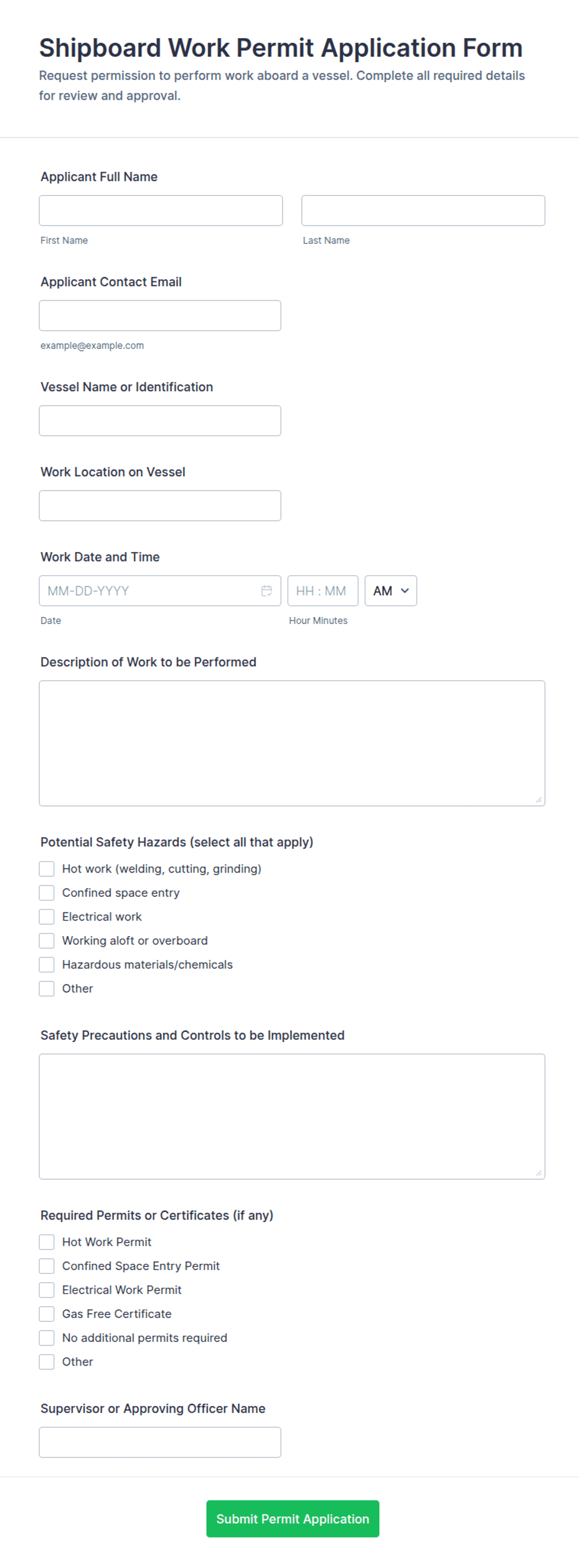 Shipboard Work Permit Application Form Template | Jotform