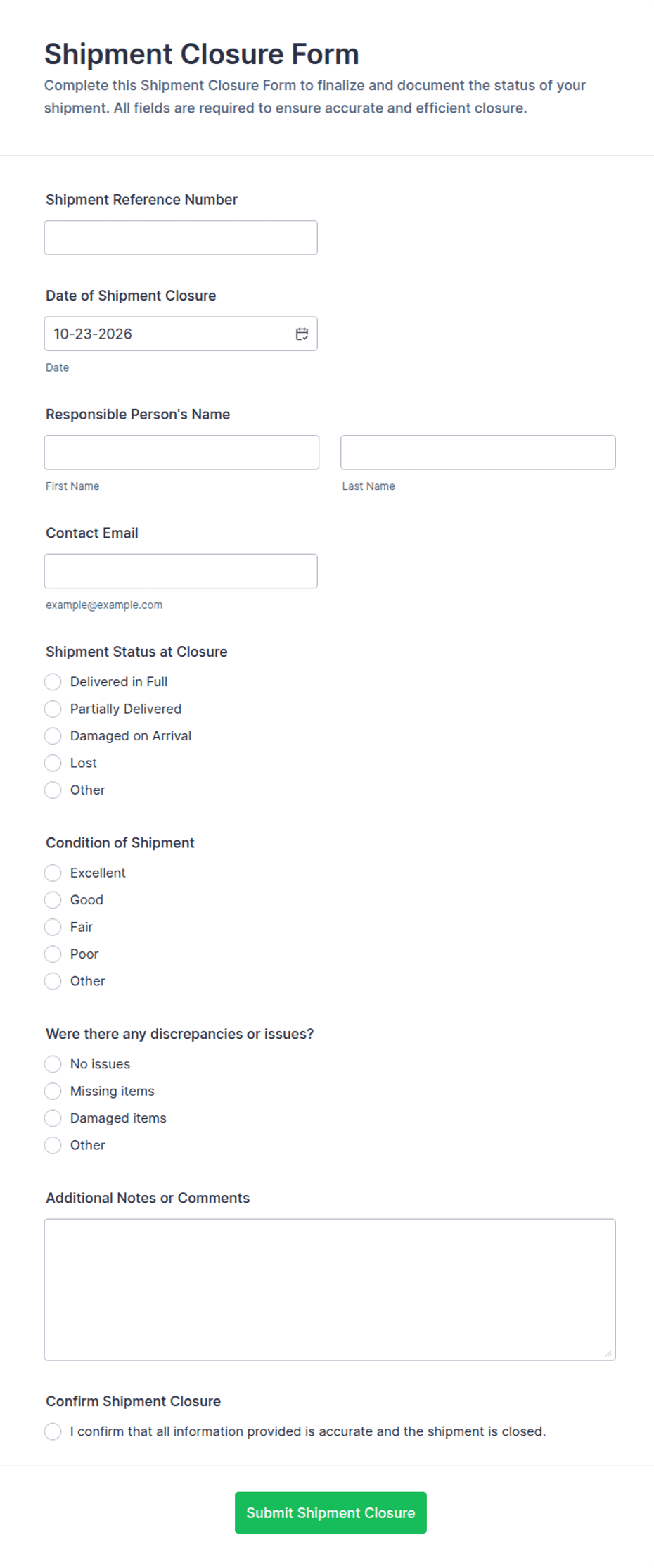 Shipment Closure Form Template | Jotform
