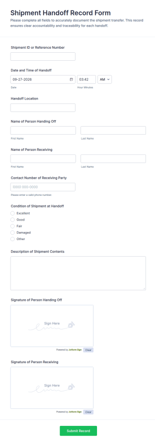 Shipment Handoff Record Form Template