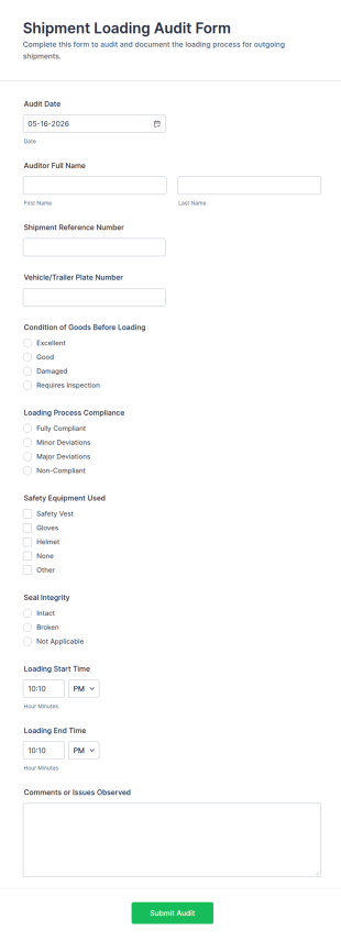 Shipment Loading Audit Form Template