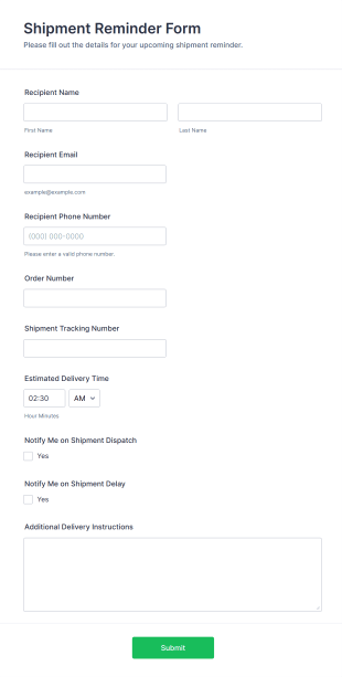 Shipment Reminder Form Template
