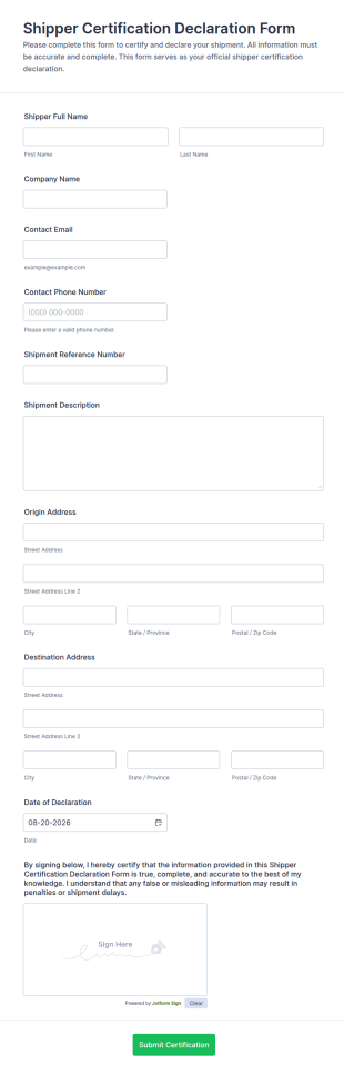Shipper Certification Declaration Form Template