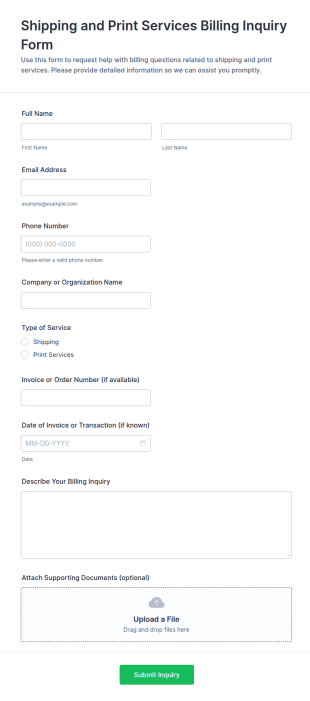 Shipping And Print Services Billing Inquiry Form Template