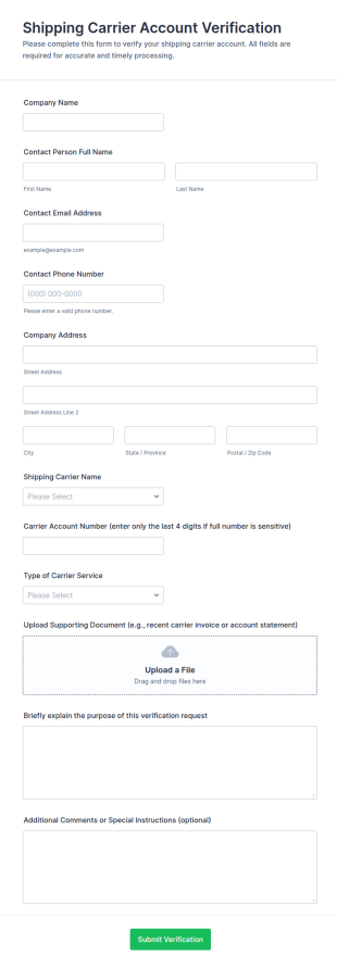 Shipping Carrier Account Verification Form Template