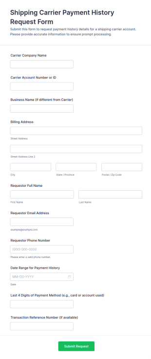 Shipping Carrier Payment History Request Form Template