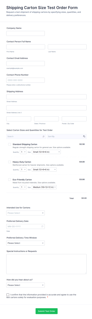Shipping Carton Size Test Order Form Template