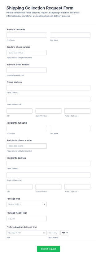 Shipping Collection Request Form Template