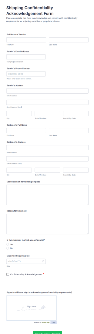 Shipping Confidentiality Acknowledgement Form Template