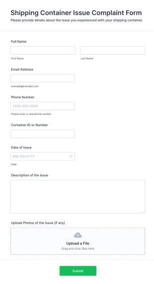 Shipping Container Issue Complaint Form Template