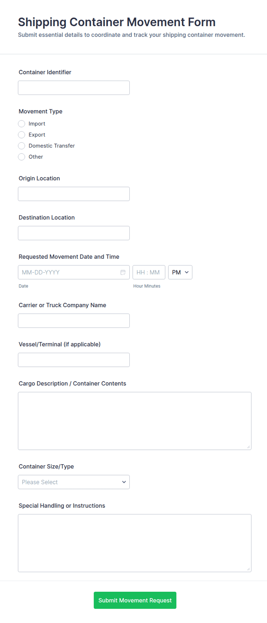 Containers Routing Form Shipping Container Movement Form Template | Jotform