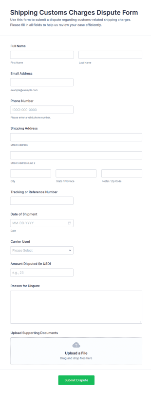Shipping Customs Charges Dispute Form Template