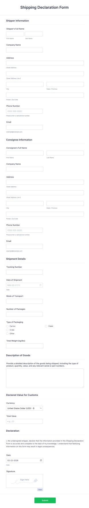 Shipping Declaration Form Template