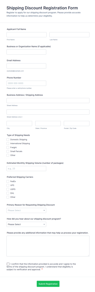 Shipping Discount Registration Form Template